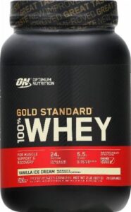 En svart burk med Optimum Nutrition Gold Standard 100% Whey i smaken Vanilla Ice Cream.