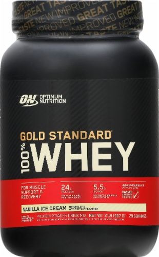 En svart burk med Optimum Nutrition Gold Standard 100% Whey i smaken Vanilla Ice Cream.